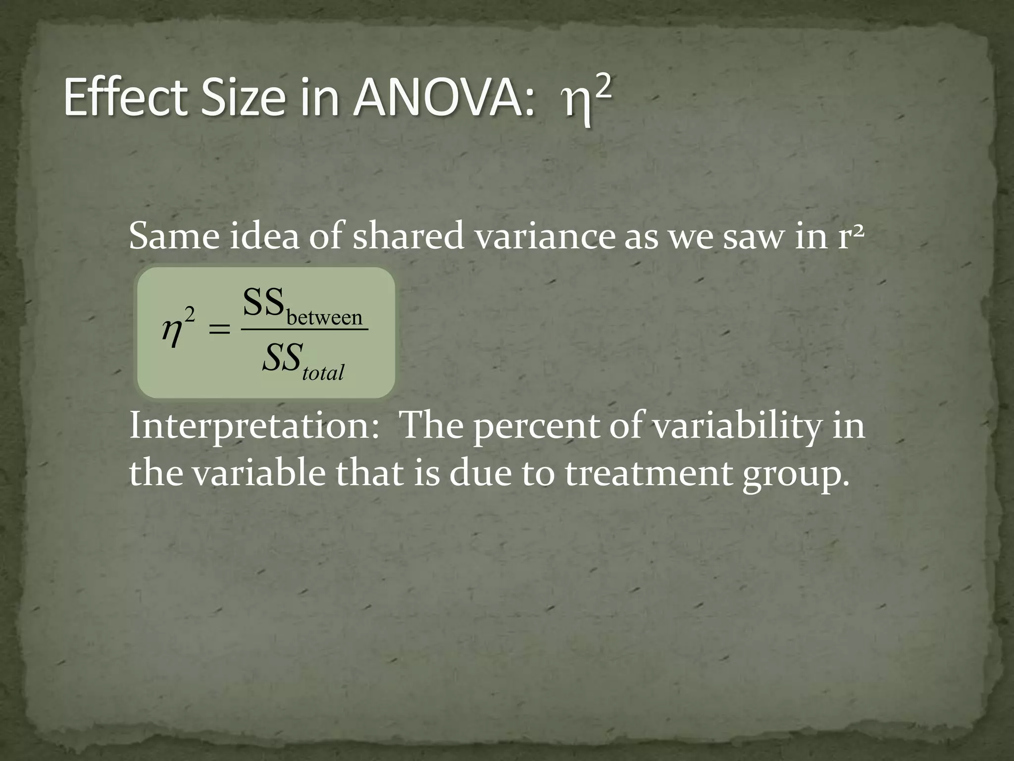Same idea of shared variance as we saw in r2 
2 between SS 
  
total SS 
Interpretation: The percent of variability in 
the variable that is due to treatment group. 
 