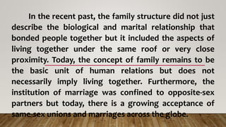 In the recent past, the family structure did not just
describe the biological and marital relationship that
bonded people together but it included the aspects of
living together under the same roof or very close
proximity. Today, the concept of family remains to be
the basic unit of human relations but does not
necessarily imply living together. Furthermore, the
institution of marriage was confined to opposite-sex
partners but today, there is a growing acceptance of
same-sex unions and marriages across the globe.
 