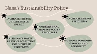 Nasa’s Sustainability Policy
INCREASE THE USE
OF RENEWABLE
ENERGY
CONSERVE AND
PROTECT WATER
RESOURCES
ELIMINATE WASTE,
PREVENT POLLUTION,
AND INCREASE
RECYCLING
SUPPORT ECONOMIC
GROWTH AND
LIVABILITY
INCREASE ENERGY
EFFICIENCY
 