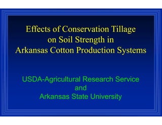 Effects of Conservation Tillage
on Soil Strength in
Arkansas Cotton Production Systems
Effects of Conservation Tillage
on Soil Strength in
Arkansas Cotton Production Systems
USDA-Agricultural Research Service
and
Arkansas State University
 