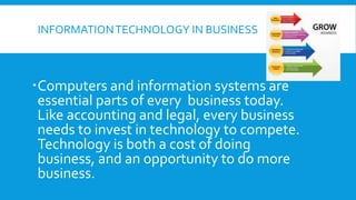 INFORMATIONTECHNOLOGY IN BUSINESS
Computers and information systems are
essential parts of every business today.
Like accounting and legal, every business
needs to invest in technology to compete.
Technology is both a cost of doing
business, and an opportunity to do more
business.
 