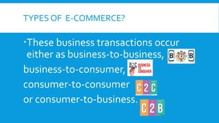 TYPES OF E-COMMERCE?
These business transactions occur
either as business-to-business,
business-to-consumer,
consumer-to-consumer
or consumer-to-business.
 