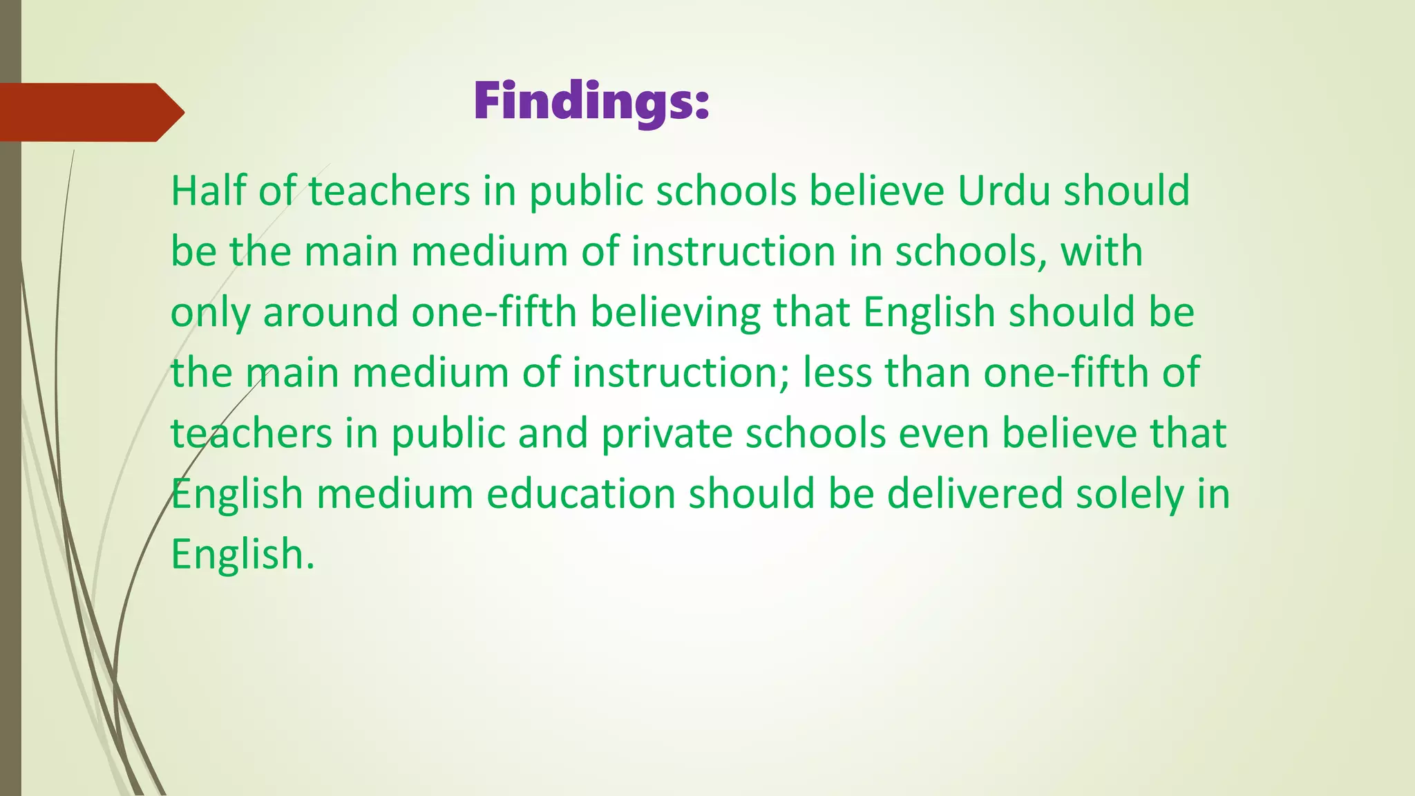 Half of teachers in public schools believe Urdu should
be the main medium of instruction in schools, with
only around one-fifth believing that English should be
the main medium of instruction; less than one-fifth of
teachers in public and private schools even believe that
English medium education should be delivered solely in
English.
Findings:
 