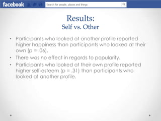 Results:
Self vs. Other
• Participants who looked at another profile reported
higher happiness than participants who looke...