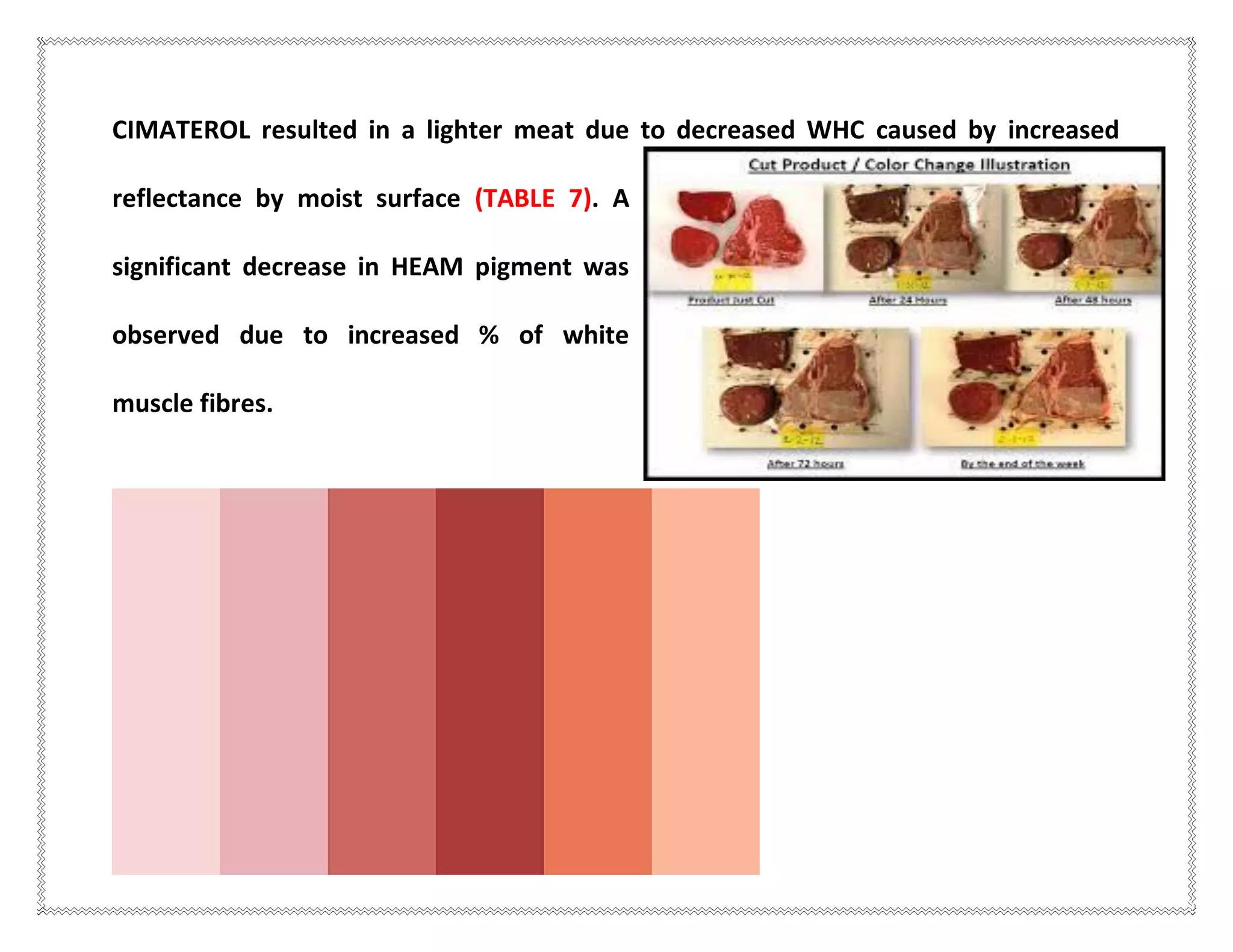 CIMATEROL resulted in a lighter meat due to decreased WHC caused by increased
reflectance by moist surface (TABLE 7). A
significant decrease in HEAM pigment was
observed due to increased % of white
muscle fibres.
 