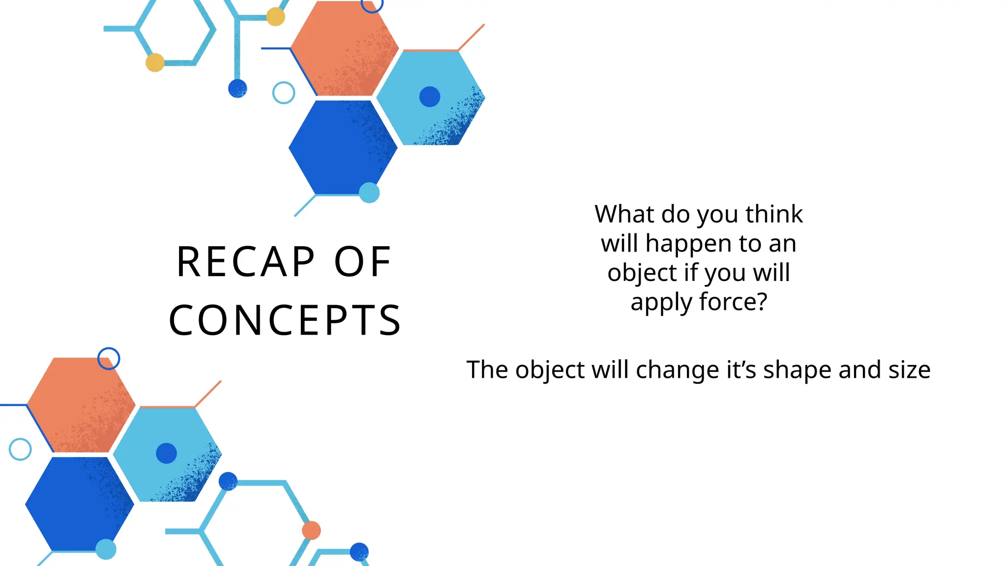 RECAP OF
CONCEPTS
The object will change it’s shape and size
What do you think
will happen to an
object if you will
apply force?
 
