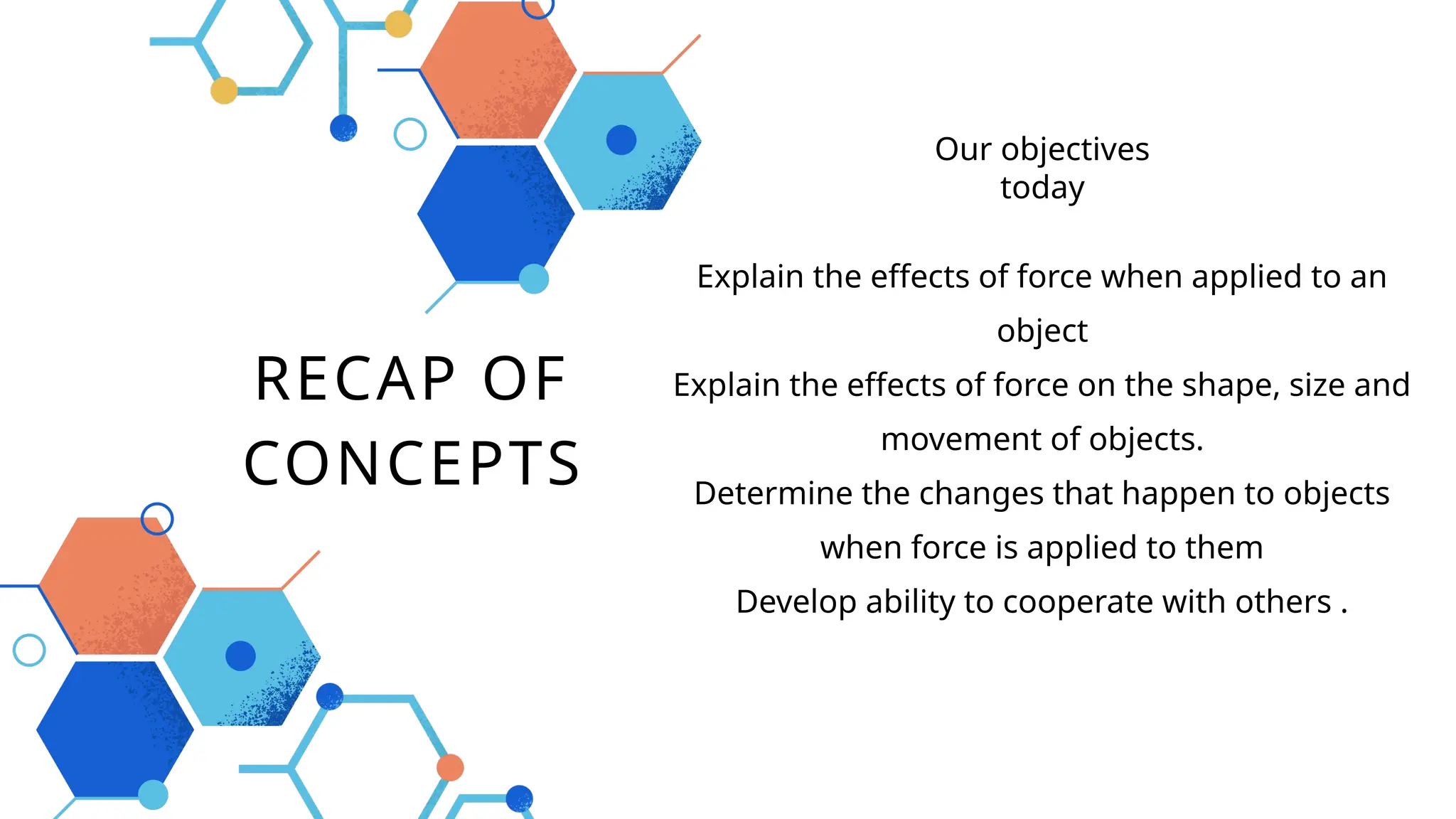 RECAP OF
CONCEPTS
Explain the effects of force when applied to an
object
Explain the effects of force on the shape, size and
movement of objects.
Determine the changes that happen to objects
when force is applied to them
Develop ability to cooperate with others .
Our objectives
today
 