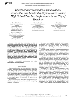 Effects of Interpersonal Communication,  Work Ethic  and Leadership Style towards Junior High School Teacher Performance in the City of Tomohon