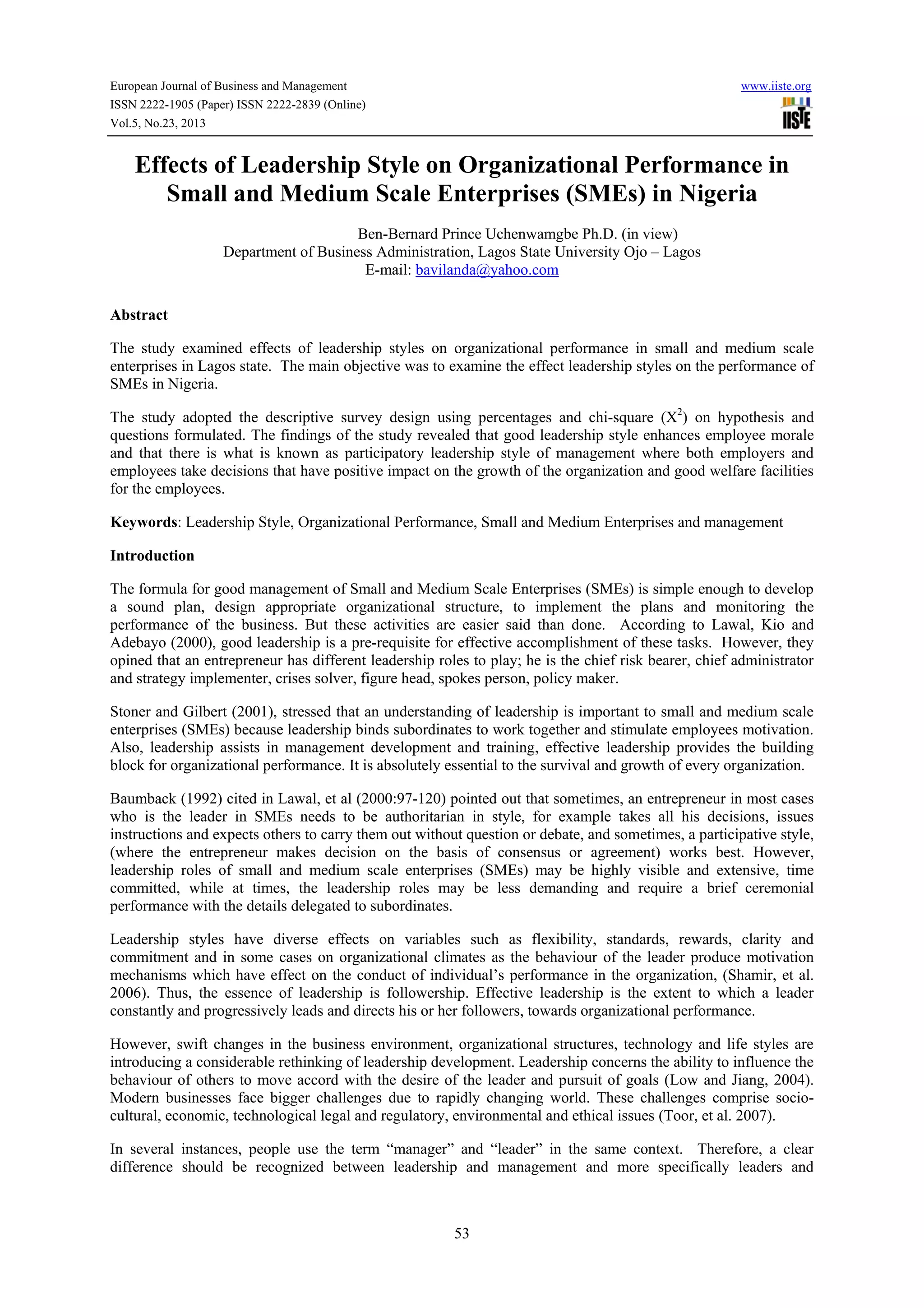 Effects of leadership style on organizational performance in small and ...