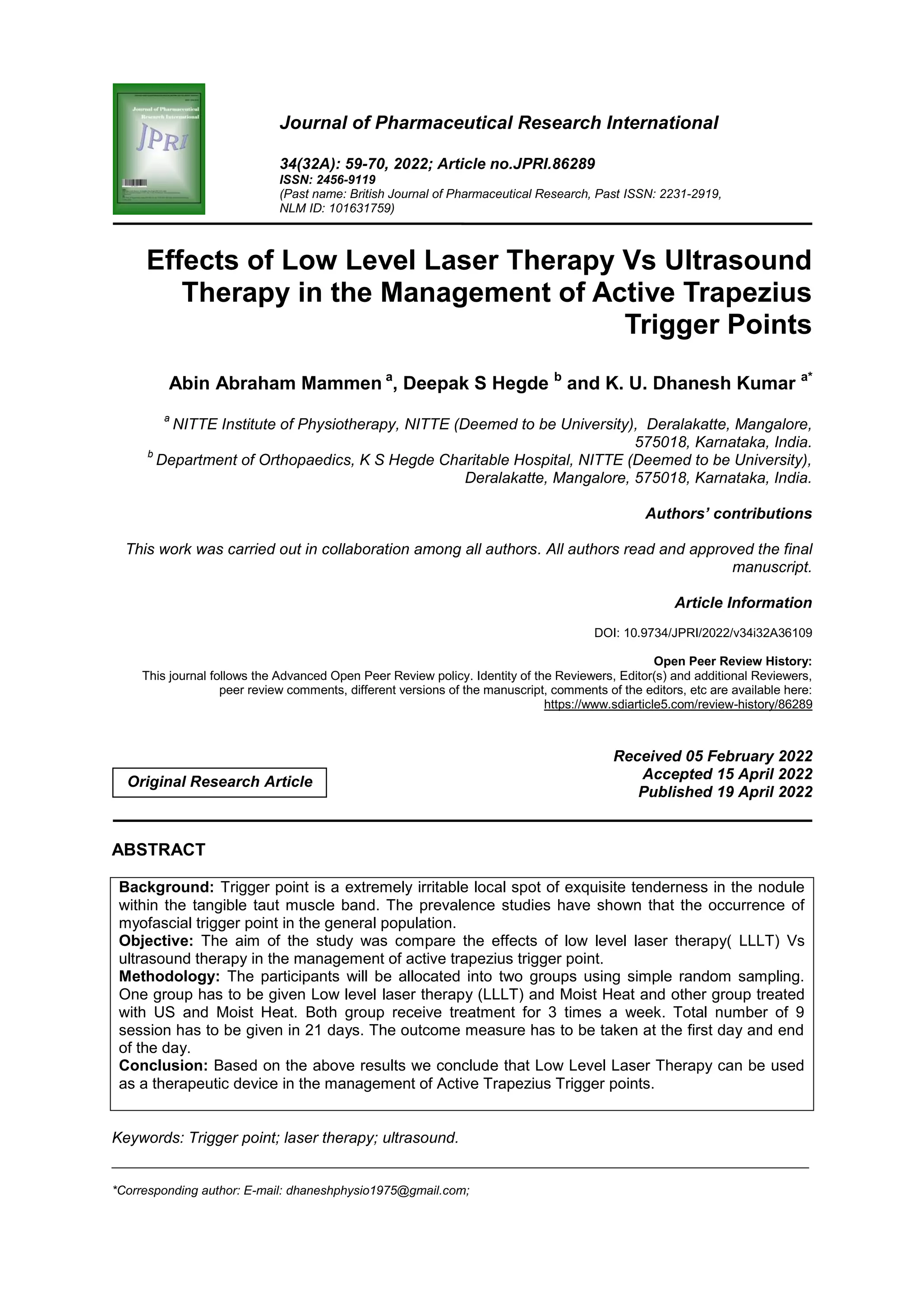 Effects of Low Level Laser Therapy Vs Ultrasound ﻿Therapy in the ...