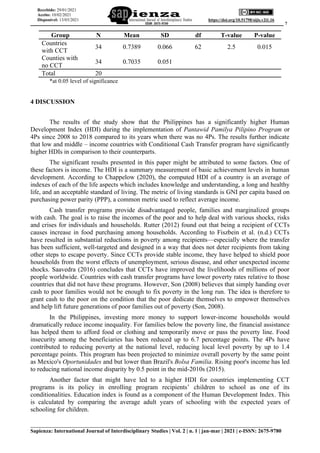______________________________________________________________________________________ 7
___________________________________________________________________________
Sapienza: International Journal of Interdisciplinary Studies | Vol. 2 | n. 1 | jan-mar | 2021 | e-ISSN: 2675-9780
https://doi.org/10.51798/sijis.v2i1.16
Recebido: 29/01/2021
Aceito: 10/02/2021
Disponível: 13/03/2021
Group N Mean SD df T-value P-value
Countries
with CCT
34 0.7389 0.066 62 2.5 0.015
Counties with
no CCT
34 0.7035 0.051
Total 20
*at 0.05 level of significance
4 DISCUSSION
The results of the study show that the Philippines has a significantly higher Human
Development Index (HDI) during the implementation of Pantawid Pamilya Pilipino Program or
4Ps since 2008 to 2018 compared to its years when there was no 4Ps. The results further indicate
that low and middle – income countries with Conditional Cash Transfer program have significantly
higher HDIs in comparison to their counterparts.
The significant results presented in this paper might be attributed to some factors. One of
these factors is income. The HDI is a summary measurement of basic achievement levels in human
development. According to Chappelow (2020), the computed HDI of a country is an average of
indexes of each of the life aspects which includes knowledge and understanding, a long and healthy
life, and an acceptable standard of living. The metric of living standards is GNI per capita based on
purchasing power parity (PPP), a common metric used to reflect average income.
Cash transfer programs provide disadvantaged people, families and marginalized groups
with cash. The goal is to raise the incomes of the poor and to help deal with various shocks, risks
and crises for individuals and households. Rutter (2012) found out that being a recipient of CCTs
causes increase in food purchasing among households. According to Fiszbein et al. (n.d.) CCTs
have resulted in substantial reductions in poverty among recipients—especially where the transfer
has been sufficient, well-targeted and designed in a way that does not deter recipients from taking
other steps to escape poverty. Since CCTs provide stable income, they have helped to shield poor
households from the worst effects of unemployment, serious disease, and other unexpected income
shocks. Saavedra (2016) concludes that CCTs have improved the livelihoods of millions of poor
people worldwide. Countries with cash transfer programs have lower poverty rates relative to those
countries that did not have these programs. However, Son (2008) believes that simply handing over
cash to poor families would not be enough to fix poverty in the long run. The idea is therefore to
grant cash to the poor on the condition that the poor dedicate themselves to empower themselves
and help lift future generations of poor families out of poverty (Son, 2008).
In the Philippines, investing more money to support lower-income households would
dramatically reduce income inequality. For families below the poverty line, the financial assistance
has helped them to afford food or clothing and temporarily move or pass the poverty line. Food
insecurity among the beneficiaries has been reduced up to 6.7 percentage points. The 4Ps have
contributed to reducing poverty at the national level, reducing local level poverty by up to 1.4
percentage points. This program has been projected to minimize overall poverty by the same point
as Mexico's Oportunidades and but lower than Brazil's Bolsa Familia. Rising poor's income has led
to reducing national income disparity by 0.5 point in the mid-2010s (2015).
Another factor that might have led to a higher HDI for countries implementing CCT
programs is its policy in enrolling program recipients’ children to school as one of its
conditionalities. Education index is found as a component of the Human Development Index. This
is calculated by comparing the average adult years of schooling with the expected years of
schooling for children.
 