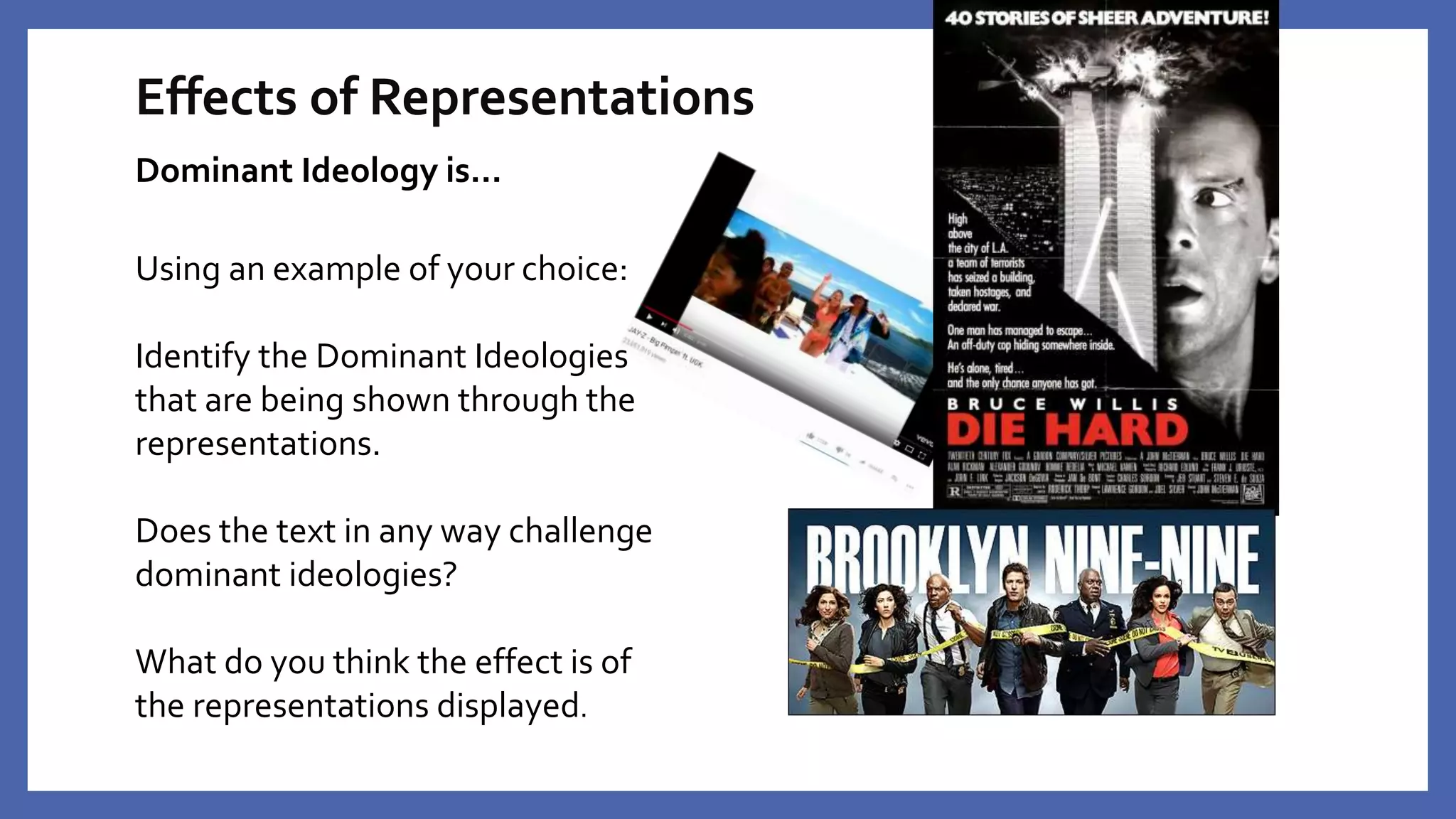 Effects of Representations
Dominant Ideology is…
Using an example of your choice:
Identify the Dominant Ideologies
that are being shown through the
representations.
Does the text in any way challenge
dominant ideologies?
What do you think the effect is of
the representations displayed.
 