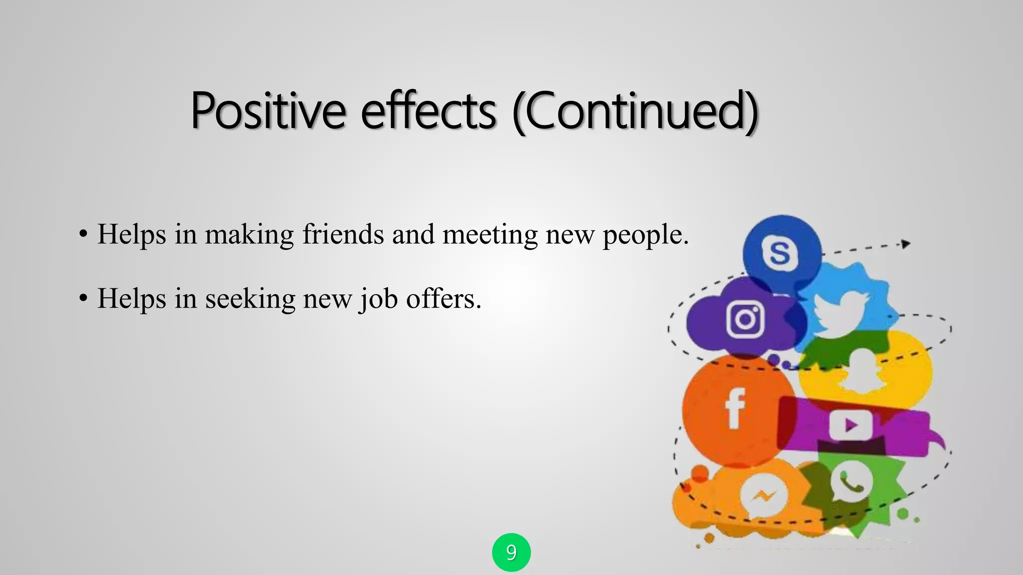 Positive effects (Continued)
• Helps in making friends and meeting new people.
• Helps in seeking new job offers.
9
 