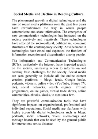 Effects of Social Media on Reading Habits | PDF