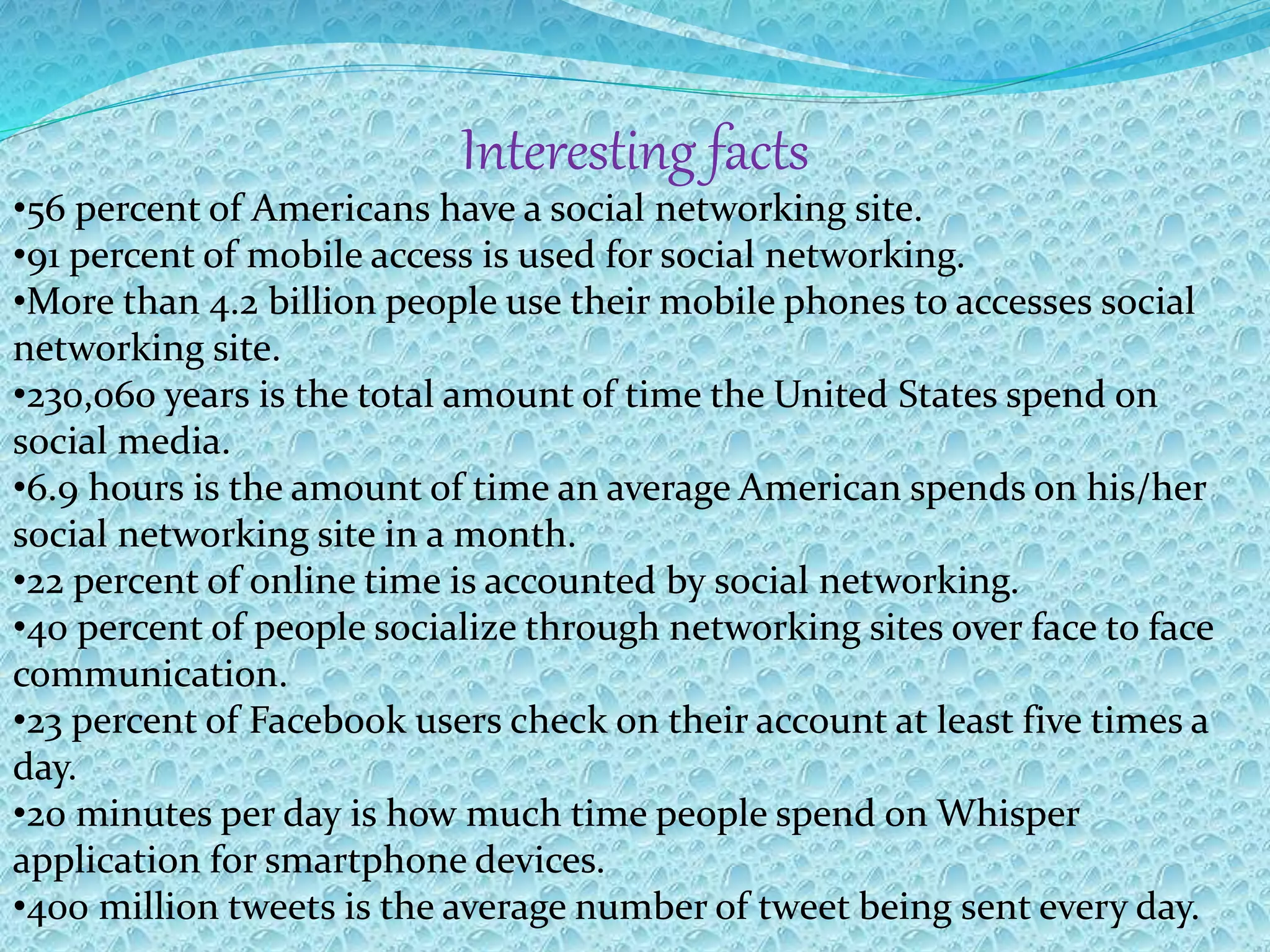 Interesting facts
•56 percent of Americans have a social networking site.
•91 percent of mobile access is used for social networking.
•More than 4.2 billion people use their mobile phones to accesses social
networking site.
•230,060 years is the total amount of time the United States spend on
social media.
•6.9 hours is the amount of time an average American spends on his/her
social networking site in a month.
•22 percent of online time is accounted by social networking.
•40 percent of people socialize through networking sites over face to face
communication.
•23 percent of Facebook users check on their account at least five times a
day.
•20 minutes per day is how much time people spend on Whisper
application for smartphone devices.
•400 million tweets is the average number of tweet being sent every day.
 