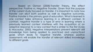 Based on Osman (2008)-Transfer Theory, the effect
perspective: Positive vs. Negative Transfer. Given that the purpose
of t...
