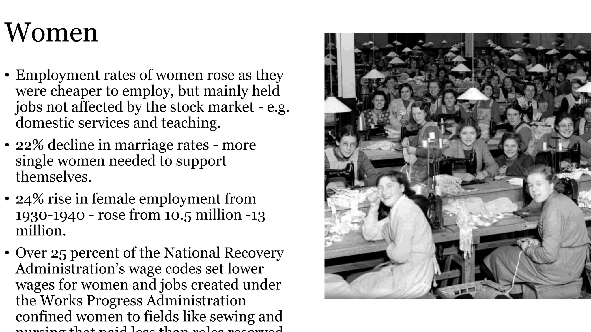 Women
• Employment rates of women rose as they
were cheaper to employ, but mainly held
jobs not affected by the stock market - e.g.
domestic services and teaching.
• 22% decline in marriage rates - more
single women needed to support
themselves.
• 24% rise in female employment from
1930-1940 - rose from 10.5 million -13
million.
• Over 25 percent of the National Recovery
Administration’s wage codes set lower
wages for women and jobs created under
the Works Progress Administration
confined women to fields like sewing and
 