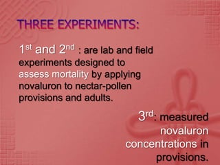 1st and 2nd : are lab and field
experiments designed to
assess mortality by applying
novaluron to nectar-pollen
provisions and adults.

                           3rd: measured
                              novaluron
                        concentrations in
                             provisions.
 