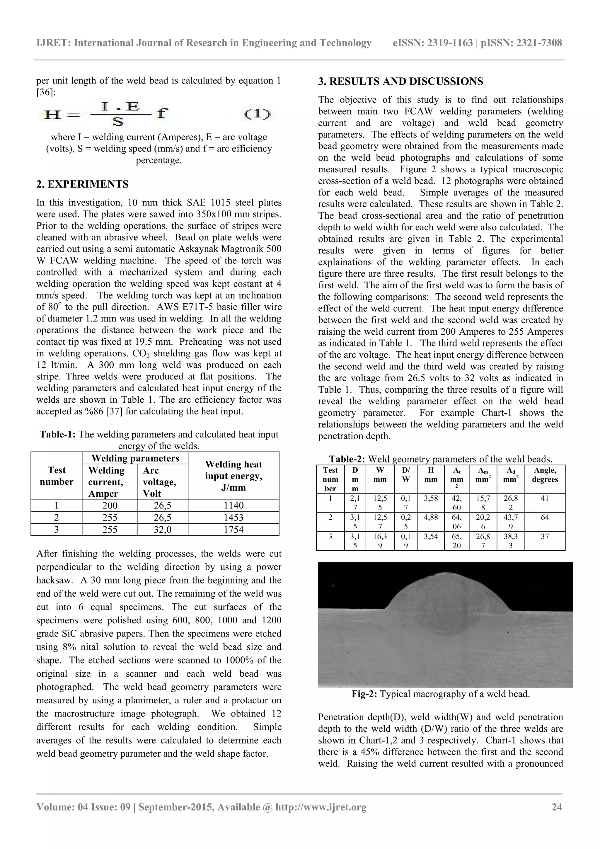 Effects of welding current and arc voltage on fcaw weld bead geometry | PDF