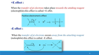 +E effect :
When the transfer of pi electrons takes place towards the attaking reagent
(electrophile).this effect is called +E effet.
-E effect :
When the transfer of pi electrons occurs away from the attacking reagent
(nuleophile).this effect is called –E effect.
20
 