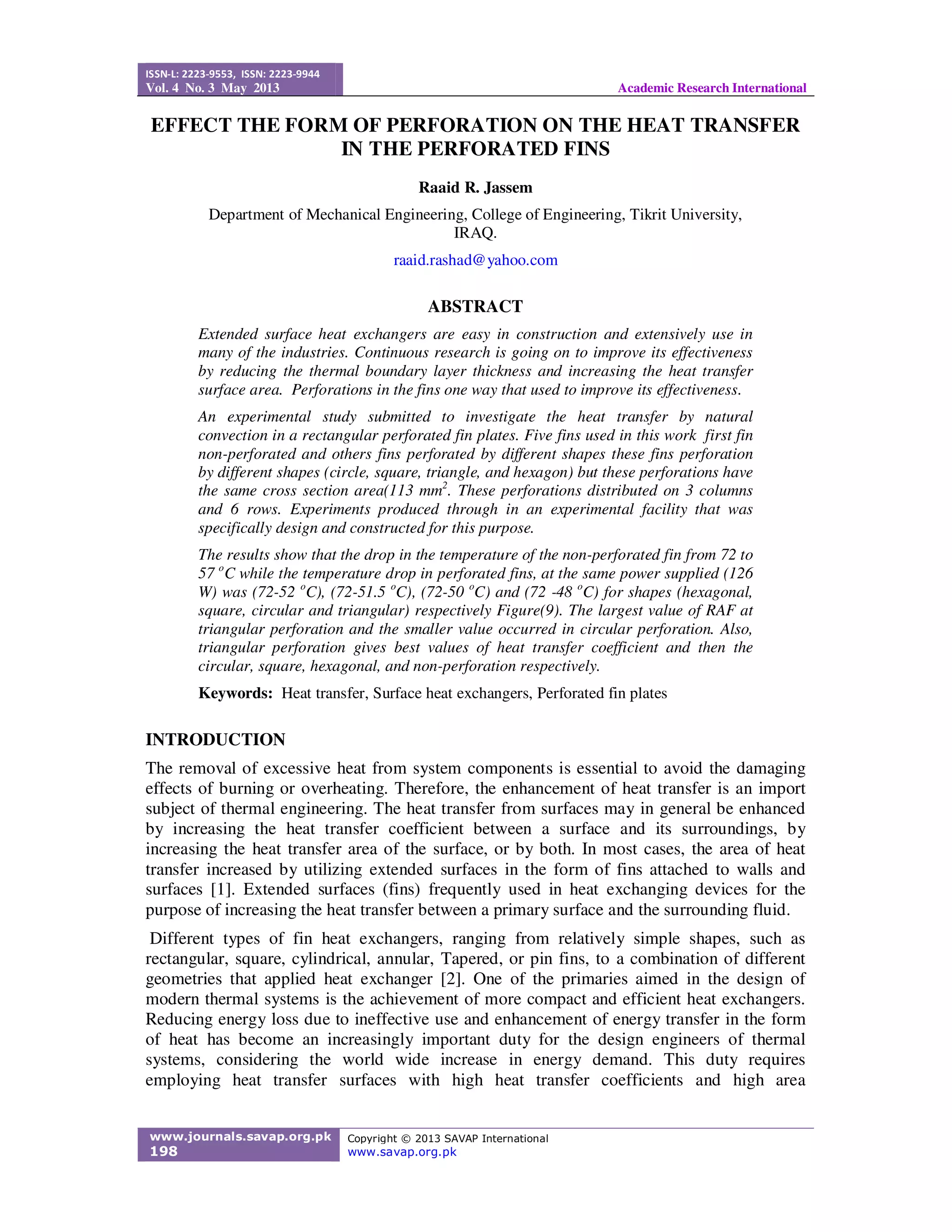 Effect the form of perforation on the heat transfer | PDF
