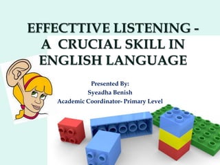EFFECTTIVE LISTENING A CRUCIAL SKILL IN
ENGLISH LANGUAGE
Presented By:
Syeadha Benish
Academic Coordinator- Primary Level

 