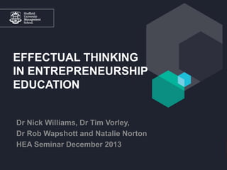 EFFECTUAL THINKING
IN ENTREPRENEURSHIP
EDUCATION

Dr Nick Williams, Dr Tim Vorley,
Dr Rob Wapshott and Natalie Norton
HEA Seminar December 2013

 