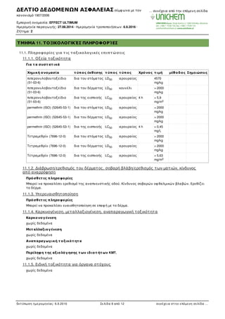 ΤΜΗΜΑ 11. ΤΟΞΙΚΟΛΟΓΙΚΈΣ ΠΛΗΡΟΦΟΡΊΕΣ
11.1. Πληροφορίες για τις τοξικολογικές επιπτώσεις
11.1.1. Οξεία τοξικότητα
Για τ α συστ ατ ικά
Χηµική ονοµασία τ ύπος έκθεσης τ ύπος τ ύπος Χρόνος τ ιµή µέθοδος Σηµειώσεις
πιπερονυλοβουτοξείδιο
(51-03-6)
δια του στόµατος LD αρουραίος 4570
mg/kg
πιπερονυλοβουτοξείδιο
(51-03-6)
δια του δέρµατος LD κουνέλι > 2000
mg/kg
πιπερονυλοβουτοξείδιο
(51-03-6)
δια της εισπνοής LC αρουραίος 4 h > 5,9
mg/m
permethrin (ISO) (52645-53-1) δια του στόµατος LD αρουραίος > 2000
mg/kg
permethrin (ISO) (52645-53-1) δια του δέρµατος LD αρουραίος > 2000
mg/kg
permethrin (ISO) (52645-53-1) δια της εισπνοής LC αρουραίος 4 h > 0,45
mg/L
Τετραµεθρίν (7696-12-0) δια του στόµατος LD αρουραίος > 2000
mg/kg
Τετραµεθρίν (7696-12-0) δια του δέρµατος LD αρουραίος > 2000
mg/kg
Τετραµεθρίν (7696-12-0) δια της εισπνοής LC αρουραίος > 5,63
mg/m
11.1.2. Διάβρωση/ερεθισµός του δέρµατος, σοβαρή βλάβη/ερεθισµός των µατιών, κίνδυνος
από αναρρόφηση
Πρόσθετ ες πληροφορίες
Μπορεί να προκαλέσει ερεθισµό της αναπνευστικής οδού. Κίνδυνος σοβαρών οφ θαλµικών βλαβών. Ερεθίζει
το δέρµα.
11.1.3. Υπερευαισθητοποίηση
Πρόσθετ ες πληροφορίες
Μπορεί να προκαλέσει ευαισθητοποίηση σε επαφ ή µε το δέρµα.
11.1.4. Καρκινογένεση, µεταλλαξιογένεση, αναπαραγωγική τοξικότητα
Καρκονογένεση
χωρίς δεδοµένα
Μετ αλλαξιογένεση
χωρίς δεδοµένα
Αναπαραγωγική τ οξικότ ητ α
χωρίς δεδοµένα
Περίληψη τ ης αξιολόγησης τ ων ιδιοτ ήτ ων KMT.
χωρίς δεδοµένα
11.1.5. Ειδική τοξικότητα για όργανα στόχους
χωρίς δεδοµένα
50
50
50
3
50
50
50
50
50
50
3
ΔΕΛΤΙΟ ΔΕΔΟΜΕΝΩΝ ΑΣΦΑΛΕΙΑΣ σύµφ ωνα µε τον
κανονισµό 1907/2006
Εµπορική ονοµασία: EFFECT ULTIMUM
Ηµεροµηνία παραγωγής: 27.08.2014 · Ηµεροµηνία τροποποιήσεων: 6.9.2016 ·
Ζήτηµα: 2
… συνέχεια από την επόµενη σελίδα
Εκτύπωση ηµεροµηνίας: 6.9.2016 Σελίδα 8 από 12 συνέχεια στην επόµενη σελίδα …
 