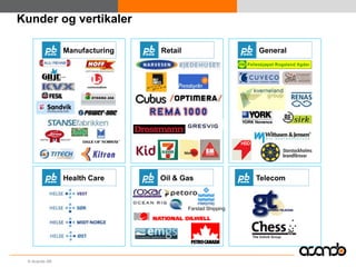 Kunder og vertikaler

               Manufacturing   Retail                      General




               Health Care     Oil & Gas                   Telecom



                                        Farstad Shipping




 © Acando AB
 