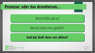 code-quality.de
 @FrankS
Prozesse: oder das drumherum...
Welche Rollen gibt es?Welche Rollen gibt es?
Wonach schaut man eigentlich?Wonach schaut man eigentlich?
Und das läuft dann von alleine?Und das läuft dann von alleine?
 