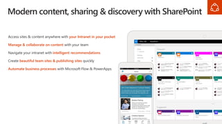 Modern content, sharing & discovery with SharePoint
Access sites & content anywhere with your Intranet in your pocket
Manage & collaborate on content with your team
Navigate your intranet with intelligent recommendations
Create beautiful team sites & publishing sites quickly
Automate business processes with Microsoft Flow & PowerApps
 