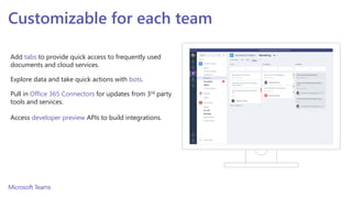 Customizable for each team
Add tabs to provide quick access to frequently used
documents and cloud services.
Explore data and take quick actions with bots.
Pull in Office 365 Connectors for updates from 3rd party
tools and services.
Access developer preview APIs to build integrations.
 