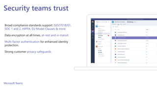 Security teams trust
Broad compliance standards support: ISO27018/01,
SOC 1 and 2, HIPPA, EU Model Clauses & more
Data encryption at all times, at-rest and in-transit.
Multi-factor authentication for enhanced identity
protection.
Strong customer privacy safeguards.
 