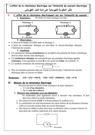 I. L’ effet de la résistance électriqueet sur sur l’intensité du courant :
1. Expérience : On réalise les deux montages suivants :
2. Observation :
 L’éclat de la lampe est faible dans le montage 2.
 L’ajout de conducteur ohmique en série dans le circuit électrique diminue
l’intensité de courant.
3. conclusion
 Un conducteur ohmique(résistance) est un dipôle non polarisé de forme cylindrique
dont les deux bornes sont identiques.
 Un conducteur ohmique est caractérisé par une grandeur électrique appelée
résistance. Cette grandeur se note R et son unité est l’ohm de symbole  .
 Le symbole normalisé du conducteur ohmique est :
 Plus la résistance présente dans un circuit est élevée plus l’intensité du courant
électrique dans ce circuit est faible.
Remarque : 1kΩ = 103Ω = 1000 Ω, 1MΩ = 106Ω = 1000000 Ω ; 1mΩ = 10-3Ω
II. Mesure de la résistance électrique
On peut mesurer la valeur d’une résistance de deux manières :
o A l’aide d’un ohmmètre.
o Par le code des couleurs.
1. Mesurer une résistance avec un ohmmètre
Un multimètre peut également servir à mesurer une résistance. Il doit
. alors être utilisé en mode ohmmètre.
a. On choisit la borne COM et la borne portant le symbole ( ).
b. Le multimètre est relié directement aux deux bornes de la résistance (lorsque
celle-ci n’est pas incluse dans un circuit électrique).
c. On choisi le calibre le plus élevé puis on diminue celui-ci jusqu’à trouver le
plus petit des calibres supérieurs à la valeur mesurée.
Ω
L’effet de la résistance électrique sur l’intensité du courant électrique
‫تأثير‬‫الكهربائية‬ ‫المقاومة‬‫الكهربائي‬ ‫التيار‬ ‫شدة‬ ‫على‬
Ohmmètre
 