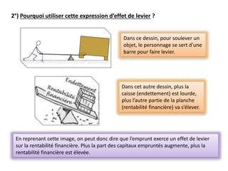 2°) Pourquoi utiliser cette expression d’effet de levier ?
Dans ce dessin, pour soulever un
objet, le personnage se sert d’une
barre pour faire levier.
Dans cet autre dessin, plus la
caisse (endettement) est lourde,
plus l’autre partie de la planche
(rentabilité financière) va s’élever.
En reprenant cette image, on peut donc dire que l’emprunt exerce un effet de levier
sur la rentabilité financière. Plus la part des capitaux empruntés augmente, plus la
rentabilité financière est élevée.
 