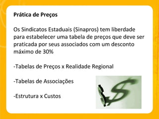 Prática de Preços Os Sindicatos Estaduais (Sinapros) tem liberdade para estabelecer uma tabela de preços que deve ser praticada por seus associados com um desconto máximo de 30% -Tabelas de Preços x Realidade Regional -Tabelas de Associações -Estrutura x Custos 