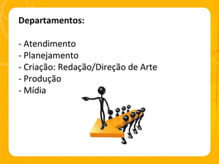 Departamentos: - Atendimento - Planejamento - Criação: Redação/Direção de Arte - Produção - Mídia 