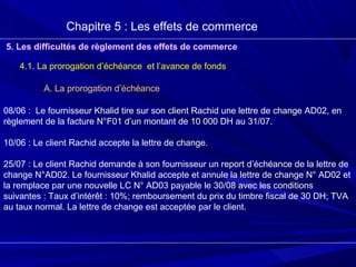 Chapitre 5 : Les effets de commerce
5. Les difficultés de règlement des effets de commerce
4.1. La prorogation d’échéance et l’avance de fonds
A. La prorogation d’échéance
08/06 : Le fournisseur Khalid tire sur son client Rachid une lettre de change AD02, en
règlement de la facture N°F01 d’un montant de 10 000 DH au 31/07.
10/06 : Le client Rachid accepte la lettre de change.
25/07 : Le client Rachid demande à son fournisseur un report d’échéance de la lettre de
change N°AD02. Le fournisseur Khalid accepte et annule la lettre de change N° AD02 et
la remplace par une nouvelle LC N° AD03 payable le 30/08 avec les conditions
suivantes : Taux d’intérêt : 10%; remboursement du prix du timbre fiscal de 30 DH; TVA
au taux normal. La lettre de change est acceptée par le client.
 