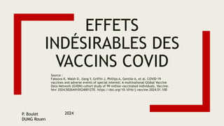EFFETS
INDÉSIRABLES DES
VACCINS COVID
Source :
Faksova K, Walsh D, Jiang Y, Griffin J, Phillips A, Gentile A, et al. COVID-19
vaccines and adverse events of special interest: A multinational Global Vaccine
Data Network (GVDN) cohort study of 99 million vaccinated individuals. Vaccine.
févr 2024;S0264410X24001270. https://doi.org/10.1016/j.vaccine.2024.01.100
P. Boulet
DUMG Rouen
2024
 
