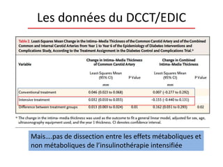 Les données du DCCT/EDIC
Mais….pas de dissection entre les effets métaboliques et
non métaboliques de l’insulinothérapie intensifiée
 