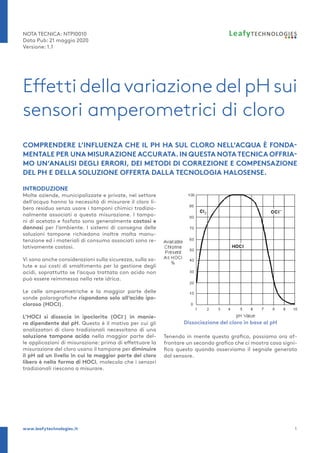 www.leafytechnologies.it 1
LeafyTECHNOLOGIESNOTA TECNICA: NTPI0010
Data Pub: 21 maggio 2020
Versione: 1.1
INTRODUZIONE
Molte aziende, municipalizzate e private, nel settore
dell’acqua hanno la necessità di misurare il cloro li-
bero residuo senza usare i tamponi chimici tradizio-
nalmente associati a questa misurazione. I tampo-
ni di acetato e fosfato sono generalmente costosi e
dannosi per l’ambiente. I sistemi di consegna delle
soluzioni tampone richiedono inoltre molta manu-
tenzione ed i materiali di consumo associati sono re-
lativamente costosi.
Vi sono anche considerazioni sulla sicurezza, sulla sa-
lute e sui costi di smaltimento per la gestione degli
acidi, soprattutto se l’acqua trattata con acido non
può essere reimmessa nella rete idrica.
Le celle amperometriche e la maggior parte delle
sonde polarografiche rispondono solo all’acido ipo-
cloroso (HOCI).
L’HOCI si dissocia in ipoclorito (OCI-
) in manie-
ra dipendente dal pH. Questo è il motivo per cui gli
analizzatori di cloro tradizionali necessitano di una
soluzione tampone acida nella maggior parte del-
le applicazioni di misurazione: prima di effettuare la
misurazione del cloro usano il tampone per diminuire
il pH ad un livello in cui la maggior parte del cloro
libero è nella forma di HOCl, molecola che i sensori
tradizionali riescono a misurare.
Tenendo in mente questo grafico, possiamo ora af-
frontare un secondo grafico che ci mostra cosa signi-
fica questo quando osserviamo il segnale generato
dal sensore.
Effetti dellavariazione del pH sui
sensori amperometrici di cloro
COMPRENDERE L’INFLUENZA CHE IL PH HA SUL CLORO NELL’ACQUA È FONDA-
MENTALE PER UNA MISURAZIONE ACCURATA. IN QUESTA NOTA TECNICA OFFRIA-
MO UN’ANALISI DEGLI ERRORI, DEI METODI DI CORREZIONE E COMPENSAZIONE
DEL PH E DELLA SOLUZIONE OFFERTA DALLA TECNOLOGIA HALOSENSE.
Dissociazione del cloro in base al pH
 