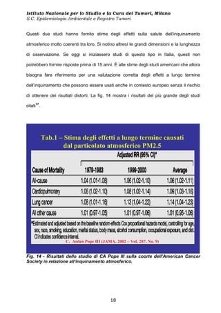 Istituto Nazionale per lo Studio e la Cura dei Tumori, Milano
S.C. Epidemiologia Ambientale e Registro Tumori


Questi due studi hanno fornito stime degli effetti sulla salute dell’inquinamento

atmosferico molto coerenti tra loro. Si notino altresì le grandi dimensioni e la lunghezza

di osservazione. Se oggi si iniziassero studi di questo tipo in Italia, questi non

potrebbero fornire risposte prima di 15 anni. È alle stime degli studi americani che allora

bisogna fare riferimento per una valutazione corretta degli effetti a lungo termine

dell’inquinamento che possono essere usati anche in contesto europeo senza il rischio

di ottenere dei risultati distorti. La fig. 14 mostra i risultati del più grande degli studi

citati17.




            Tab.1 – Stima degli effetti a lungo termine causati
                    dal particolato atmosferico PM2.5




                    C. Arden Pope III (JAMA, 2002 – Vol. 287, No. 9)


Fig. 14 - Risultati dello studio di CA Pope III sulla coorte dell’American Cancer
Society in relazione all’inquinamento atmosferico.




                                            18
 