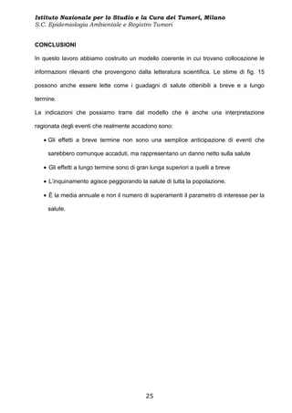 Istituto Nazionale per lo Studio e la Cura dei Tumori, Milano
S.C. Epidemiologia Ambientale e Registro Tumori


CONCLUSIONI

In questo lavoro abbiamo costruito un modello coerente in cui trovano collocazione le

informazioni rilevanti che provengono dalla letteratura scientifica. Le stime di fig. 15

possono anche essere lette come i guadagni di salute ottenibili a breve e a lungo

termine.

Le indicazioni che possiamo trarre dal modello che è anche una interpretazione

ragionata degli eventi che realmente accadono sono:

   • Gli effetti a breve termine non sono una semplice anticipazione di eventi che

     sarebbero comunque accaduti, ma rappresentano un danno netto sulla salute

   • Gli effetti a lungo termine sono di gran lunga superiori a quelli a breve

   • L’inquinamento agisce peggiorando la salute di tutta la popolazione.

   • È la media annuale e non il numero di superamenti il parametro di interesse per la

     salute.




                                            25
 