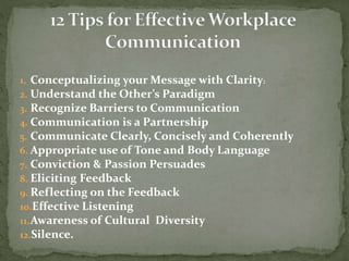 1. Conceptualizing your Message with Clarity: 
2. Understand the Other’s Paradigm 
3. Recognize Barriers to Communication 
4. Communication is a Partnership 
5. Communicate Clearly, Concisely and Coherently 
6. Appropriate use of Tone and Body Language 
7. Conviction & Passion Persuades 
8. Eliciting Feedback 
9. Reflecting on the Feedback 
10.Effective Listening 
11.Awareness of Cultural Diversity 
12.Silence. 
 