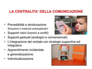 LA CENTRALITA’ DELLA COMUNICAZIONE
• Prevedibilità e strutturazione
Situazioni e materiali autoesplicativi
• Supporti visivi (iconici e scritti)
• Supporti gestuali (analogici e convenzionali)
• L’integrazione del verbale con strategie supportive ed
integrative
• Apprendimento incidentale
e generalizzazione
• Individualizzazione
 