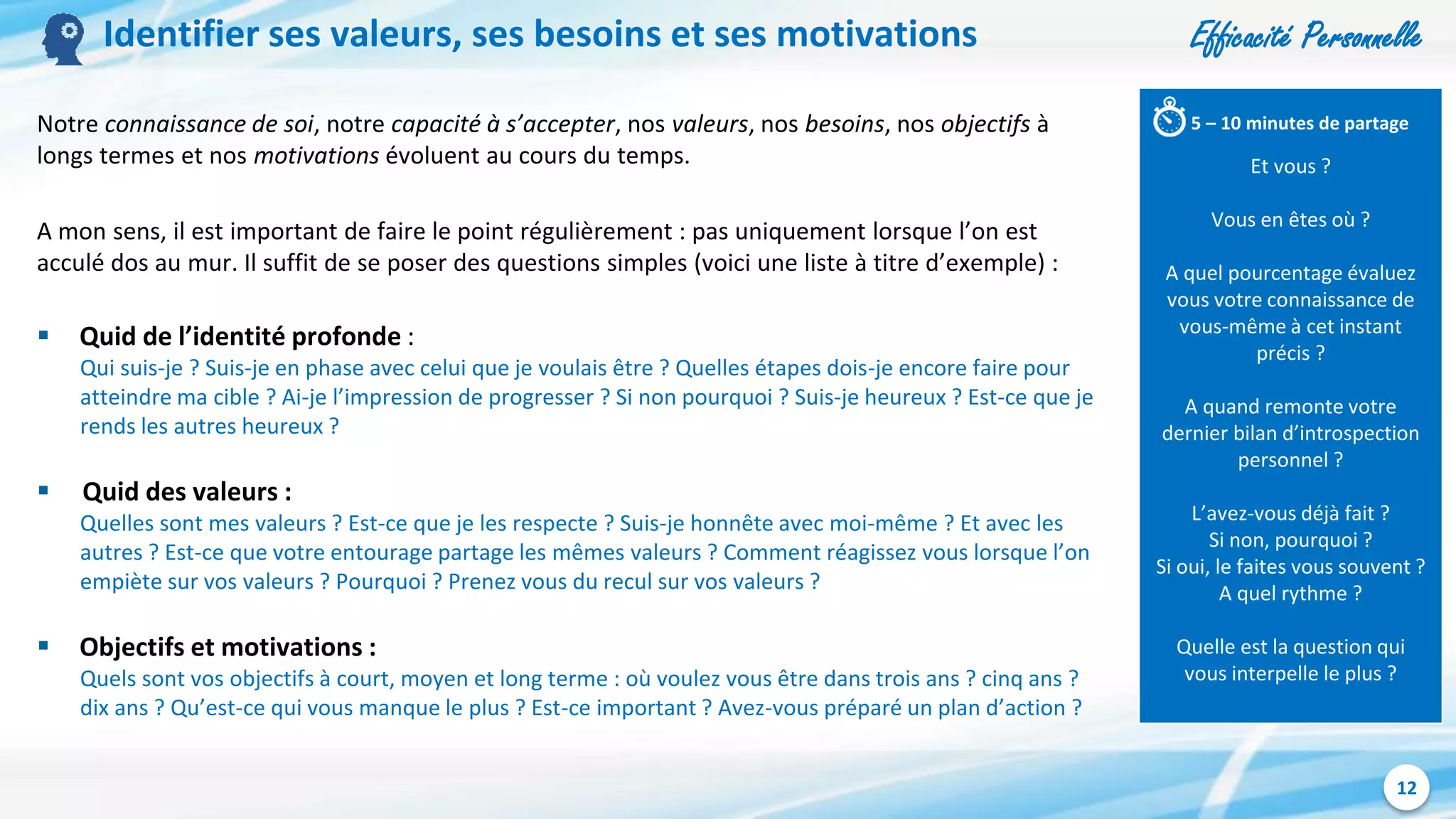 Efficacité Personnelle
12
Et vous ?
Vous en êtes où ?
A quel pourcentage évaluez
vous votre connaissance de
vous-même à cet instant
précis ?
A quand remonte votre
dernier bilan d’introspection
personnel ?
L’avez-vous déjà fait ?
Si non, pourquoi ?
Si oui, le faites vous souvent ?
A quel rythme ?
Quelle est la question qui
vous interpelle le plus ?
Identifier ses valeurs, ses besoins et ses motivations
Notre connaissance de soi, notre capacité à s’accepter, nos valeurs, nos besoins, nos objectifs à
longs termes et nos motivations évoluent au cours du temps.
A mon sens, il est important de faire le point régulièrement : pas uniquement lorsque l’on est
acculé dos au mur. Il suffit de se poser des questions simples (voici une liste à titre d’exemple) :
 Quid de l’identité profonde :
Qui suis-je ? Suis-je en phase avec celui que je voulais être ? Quelles étapes dois-je encore faire pour
atteindre ma cible ? Ai-je l’impression de progresser ? Si non pourquoi ? Suis-je heureux ? Est-ce que je
rends les autres heureux ?
 Quid des valeurs :
Quelles sont mes valeurs ? Est-ce que je les respecte ? Suis-je honnête avec moi-même ? Et avec les
autres ? Est-ce que votre entourage partage les mêmes valeurs ? Comment réagissez vous lorsque l’on
empiète sur vos valeurs ? Pourquoi ? Prenez vous du recul sur vos valeurs ?
 Objectifs et motivations :
Quels sont vos objectifs à court, moyen et long terme : où voulez vous être dans trois ans ? cinq ans ?
dix ans ? Qu’est-ce qui vous manque le plus ? Est-ce important ? Avez-vous préparé un plan d’action ?
5 – 10 minutes de partage
 
