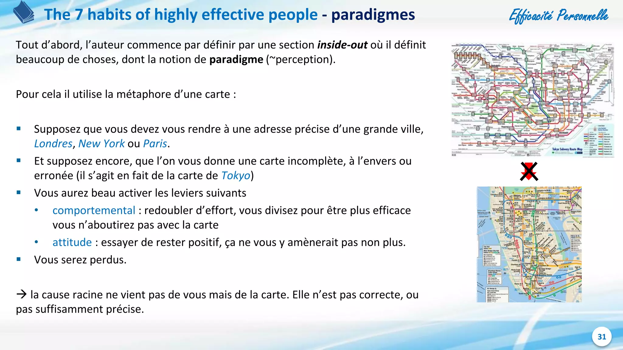 Efficacité Personnelle
31
The 7 habits of highly effective people - paradigmes
Tout d’abord, l’auteur commence par définir par une section inside-out où il définit
beaucoup de choses, dont la notion de paradigme (~perception).
Pour cela il utilise la métaphore d’une carte :
 Supposez que vous devez vous rendre à une adresse précise d’une grande ville,
Londres, New York ou Paris.
 Et supposez encore, que l’on vous donne une carte incomplète, à l’envers ou
erronée (il s’agit en fait de la carte de Tokyo)
 Vous aurez beau activer les leviers suivants
• comportemental : redoubler d’effort, vous divisez pour être plus efficace
vous n’aboutirez pas avec la carte
• attitude : essayer de rester positif, ça ne vous y amènerait pas non plus.
 Vous serez perdus.
 la cause racine ne vient pas de vous mais de la carte. Elle n’est pas correcte, ou
pas suffisamment précise.
 