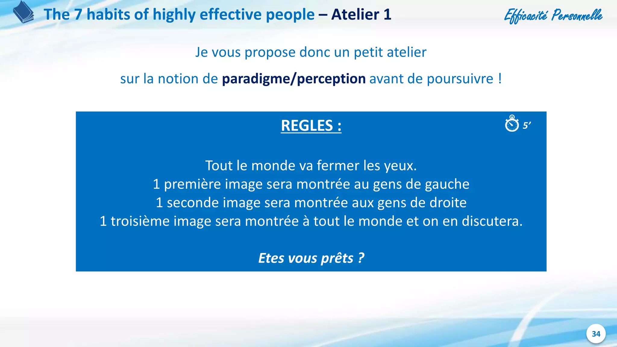 Efficacité Personnelle
34
The 7 habits of highly effective people – Atelier 1
Je vous propose donc un petit atelier
sur la notion de paradigme/perception avant de poursuivre !
REGLES :
Tout le monde va fermer les yeux.
1 première image sera montrée au gens de gauche
1 seconde image sera montrée aux gens de droite
1 troisième image sera montrée à tout le monde et on en discutera.
Etes vous prêts ?
5’
 