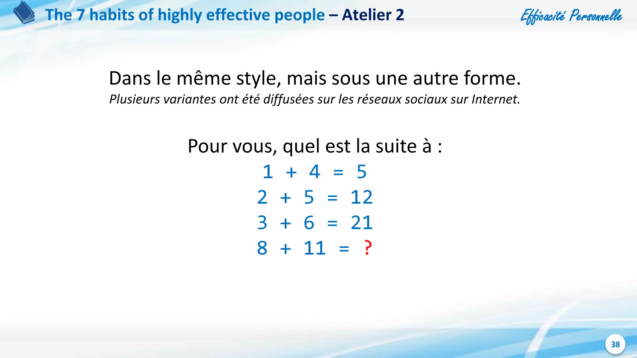 Efficacité Personnelle
38
The 7 habits of highly effective people – Atelier 2
Dans le même style, mais sous une autre forme.
Plusieurs variantes ont été diffusées sur les réseaux sociaux sur Internet.
Pour vous, quel est la suite à :
1 + 4 = 5
2 + 5 = 12
3 + 6 = 21
8 + 11 = ?
 
