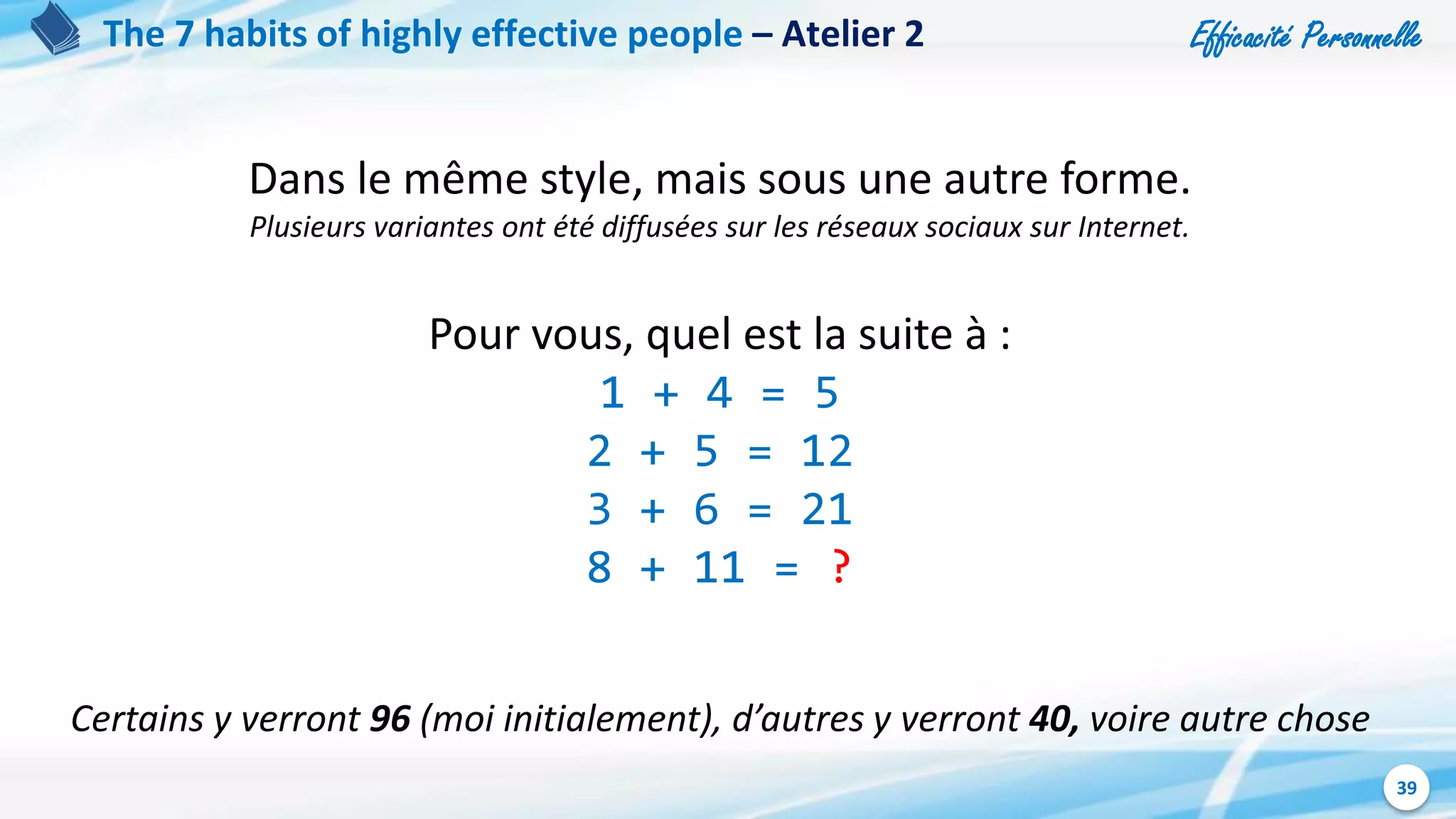Efficacité Personnelle
39
The 7 habits of highly effective people – Atelier 2
Dans le même style, mais sous une autre forme.
Plusieurs variantes ont été diffusées sur les réseaux sociaux sur Internet.
Pour vous, quel est la suite à :
1 + 4 = 5
2 + 5 = 12
3 + 6 = 21
8 + 11 = ?
Certains y verront 96 (moi initialement), d’autres y verront 40, voire autre chose
 